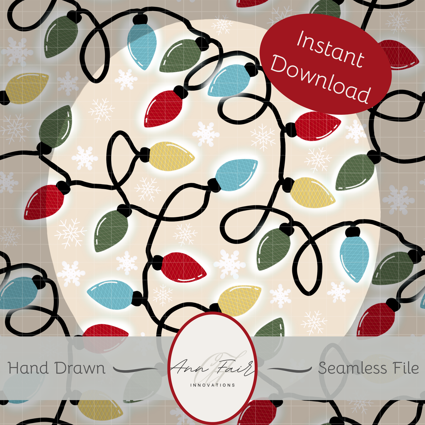 Vintage Christmas Lights Seamless Hand Drawn Digital Pattern | 300 DPI PNG | Instant Download