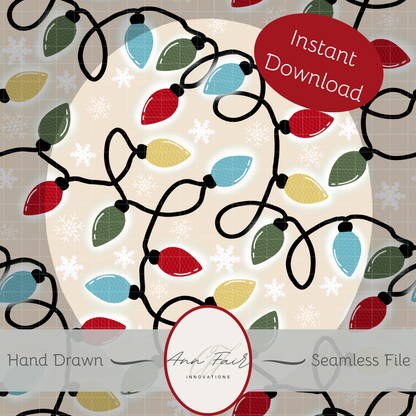 Vintage Christmas Lights Seamless Hand Drawn Digital Pattern | 300 DPI PNG | Instant Download