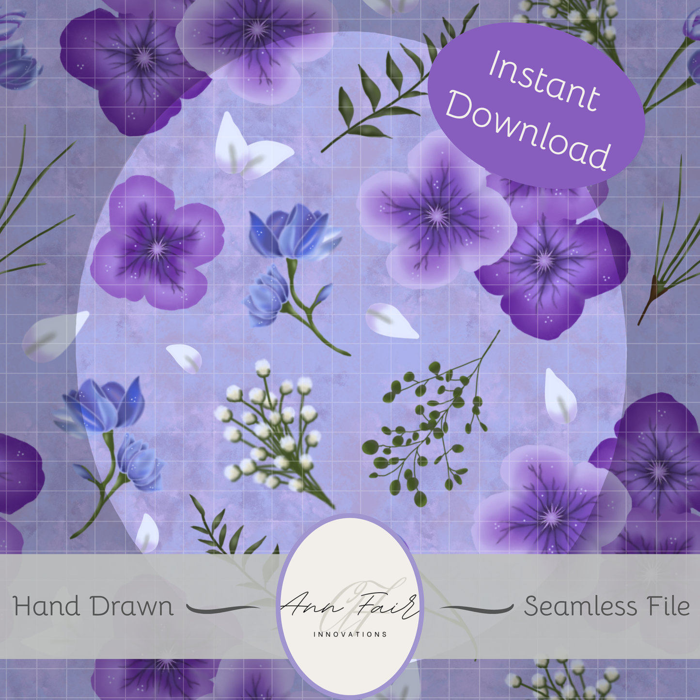 Amethyst Meadows purple background Seamless Hand Drawn Digital Pattern | 300 DPI PNG | Instant Download