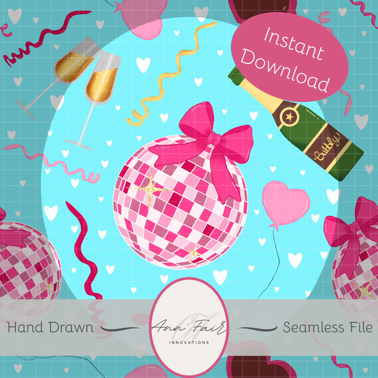 Disco Valentine Seamless Hand Drawn Digital Pattern | 300 DPI PNG | Instant Download