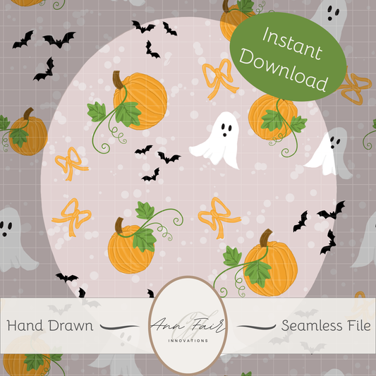 Pumpkins and Ghosts on Cream background Seamless Hand Drawn Digital Pattern | 300 DPI PNG | Instant Download