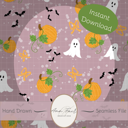 Pumpkins and Ghosts on Rose background Seamless Hand Drawn Digital Pattern | 300 DPI PNG | Instant Download