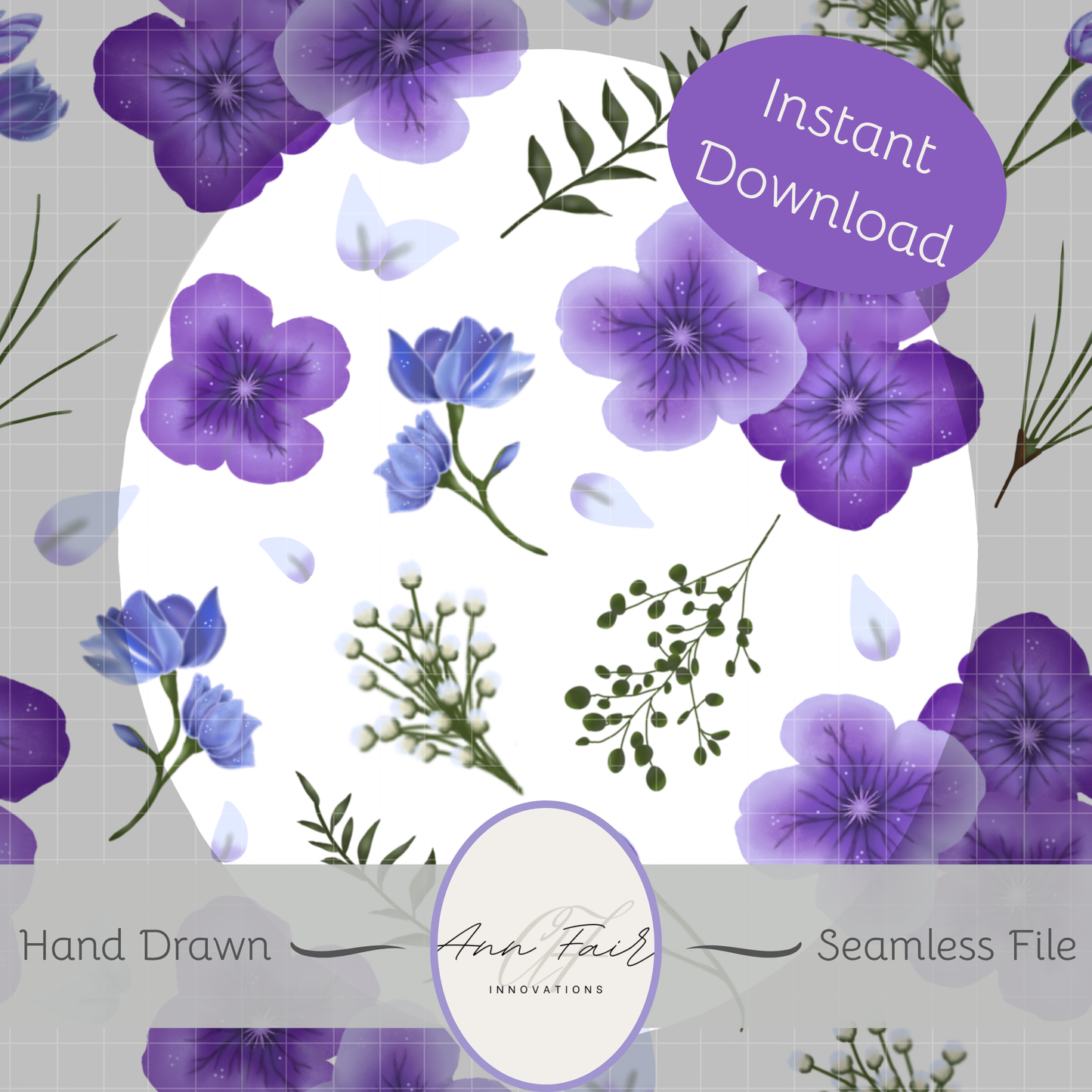 Amethyst Meadows white background Seamless Hand Drawn Digital Pattern | 300 DPI PNG | Instant Download