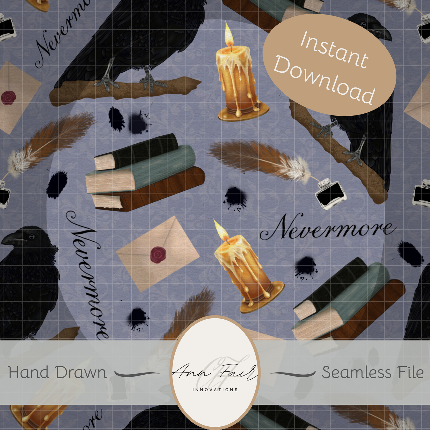 Nevermore Seamless Hand Drawn Digital Pattern | 300 DPI PNG | Instant Download |Edgar Allan Poe | The Raven