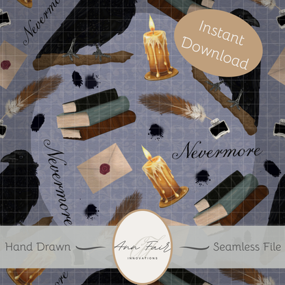 Nevermore Seamless Hand Drawn Digital Pattern | 300 DPI PNG | Instant Download |Edgar Allan Poe | The Raven