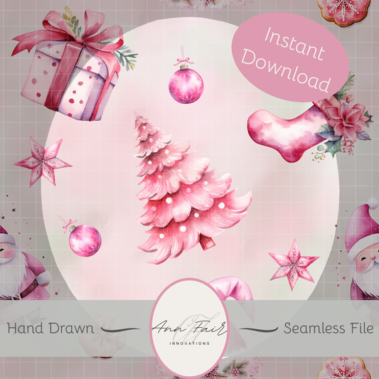 Pink Christmas Seamless Hand Drawn Digital Pattern | 300 DPI PNG | Instant Download