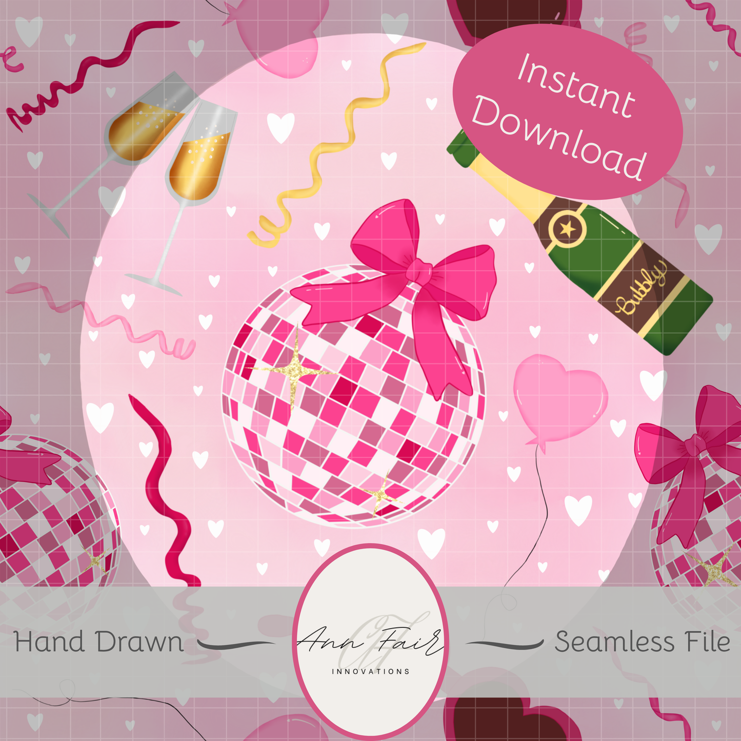 Disco Valentine Seamless Hand Drawn Digital Pattern | 300 DPI PNG | Instant Download