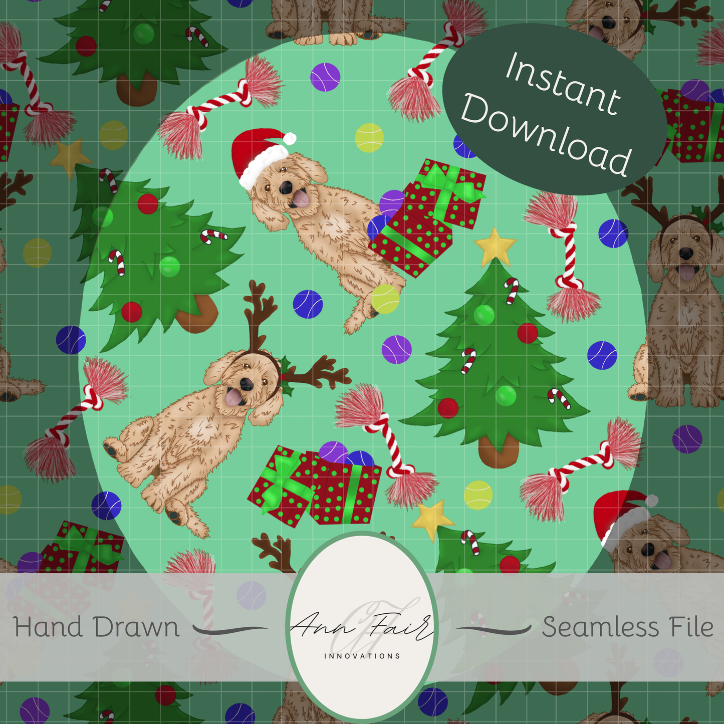 Goldendoodle Christmas Seamless Hand Drawn Digital Pattern | 300 DPI PNG | Instant Download