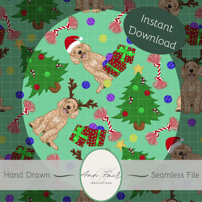 Goldendoodle Christmas Seamless Hand Drawn Digital Pattern | 300 DPI PNG | Instant Download