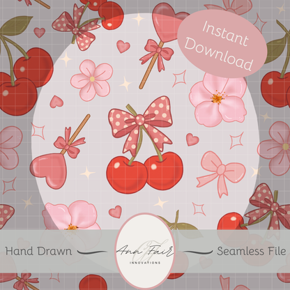 Coquette Cherries Seamless Hand Drawn Digital Pattern | 300 DPI PNG | Instant Download