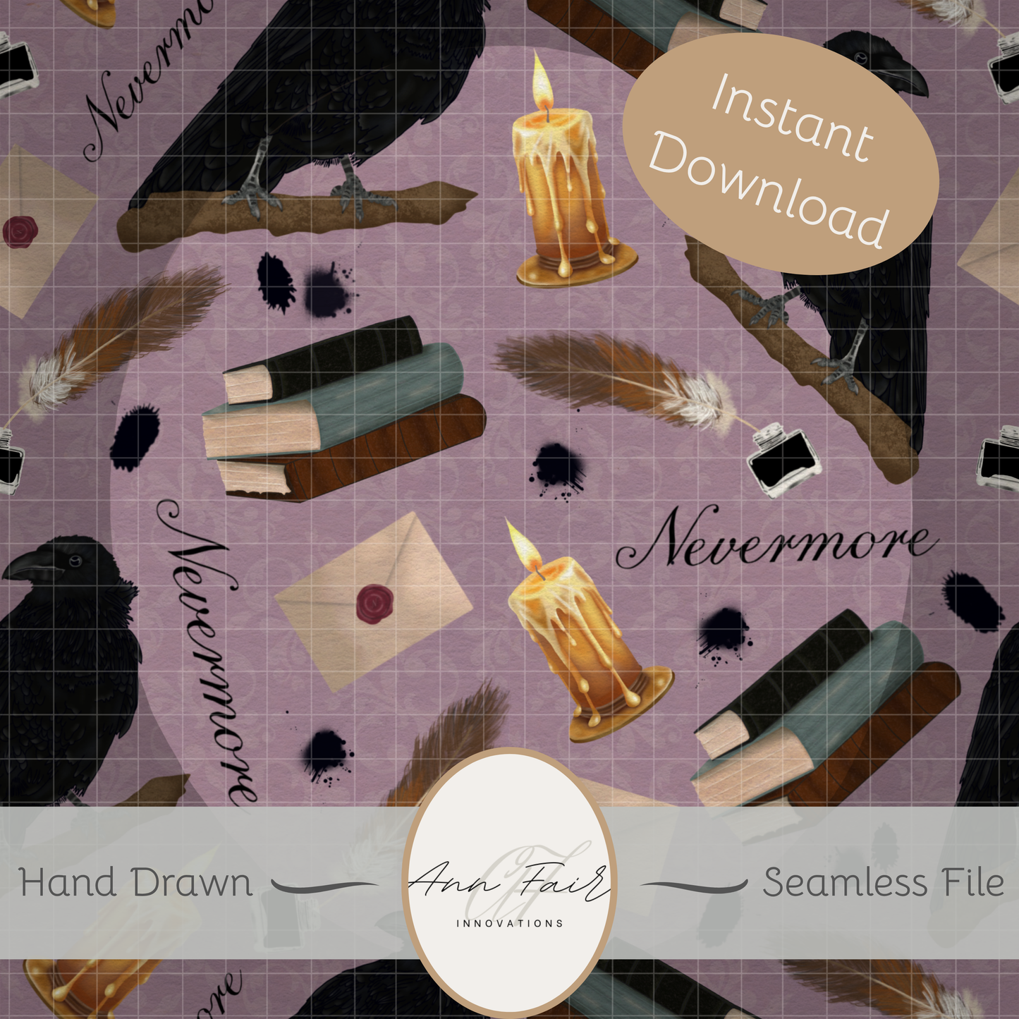 Nevermore Seamless Hand Drawn Digital Pattern | 300 DPI PNG | Instant Download |Edgar Allan Poe | The Raven