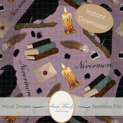 Nevermore Seamless Hand Drawn Digital Pattern | 300 DPI PNG | Instant Download |Edgar Allan Poe | The Raven