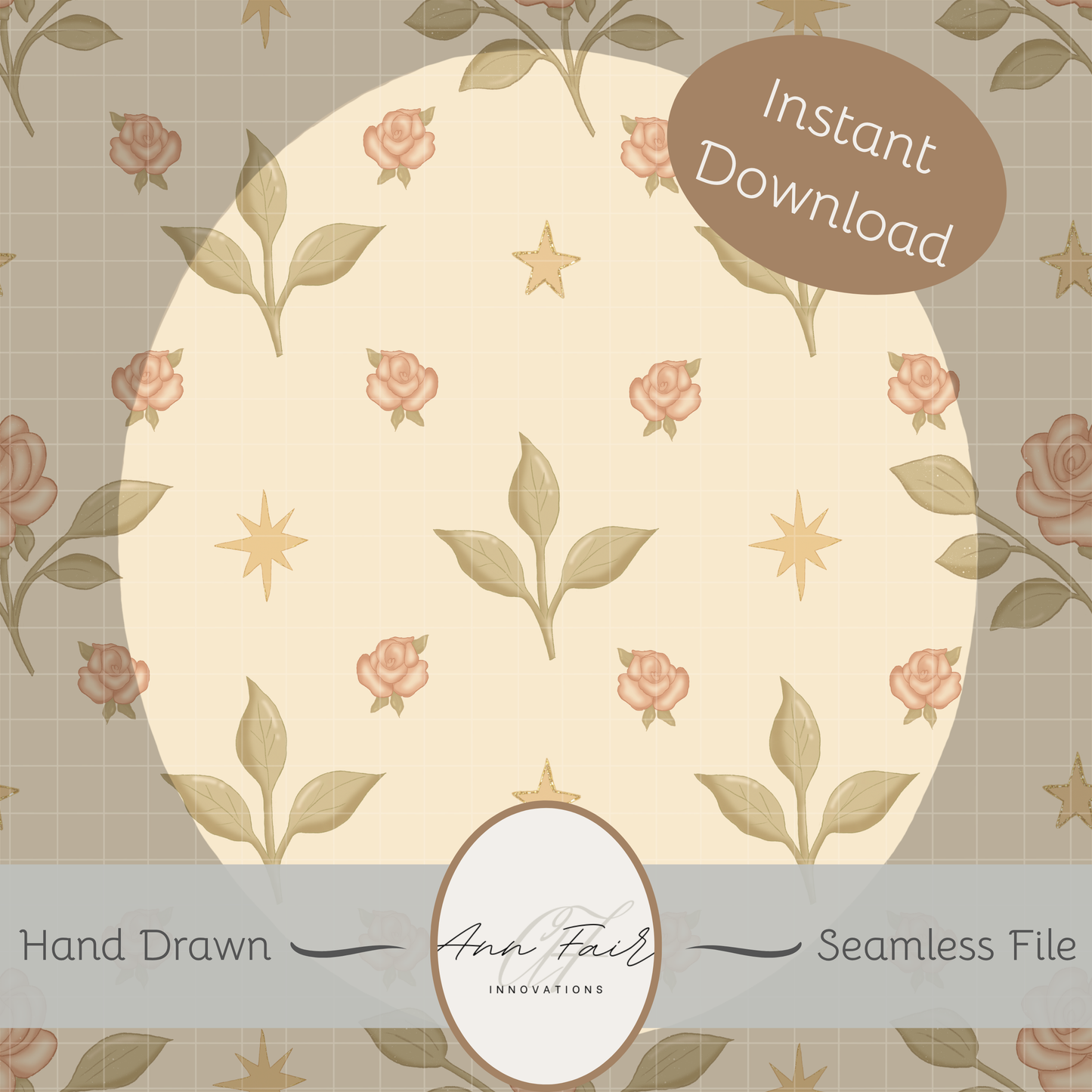 Roses and Stars Vintage Coquette Seamless Hand Drawn Digital Pattern | 300 DPI PNG | Instant Download
