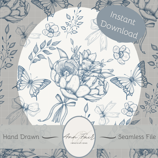 Toile De Jouy Bouquet in blue Seamless Hand Drawn Digital Pattern | 300 DPI PNG | Instant Download