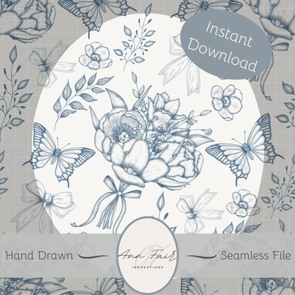 Toile De Jouy Bouquet in blue Seamless Hand Drawn Digital Pattern | 300 DPI PNG | Instant Download