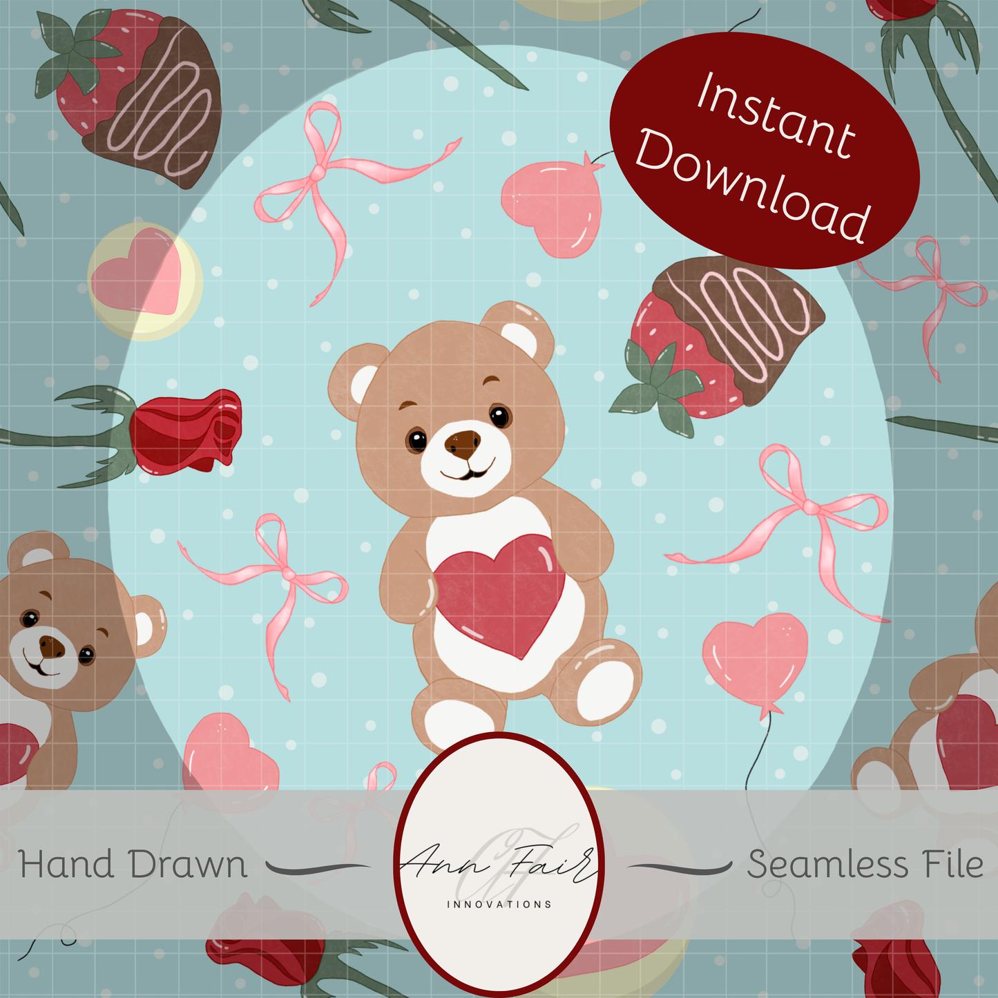 Teddy Bear Valentine Seamless Hand Drawn Digital Pattern | 300 DPI PNG | Instant Download