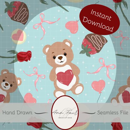 Teddy Bear Valentine Seamless Hand Drawn Digital Pattern | 300 DPI PNG | Instant Download