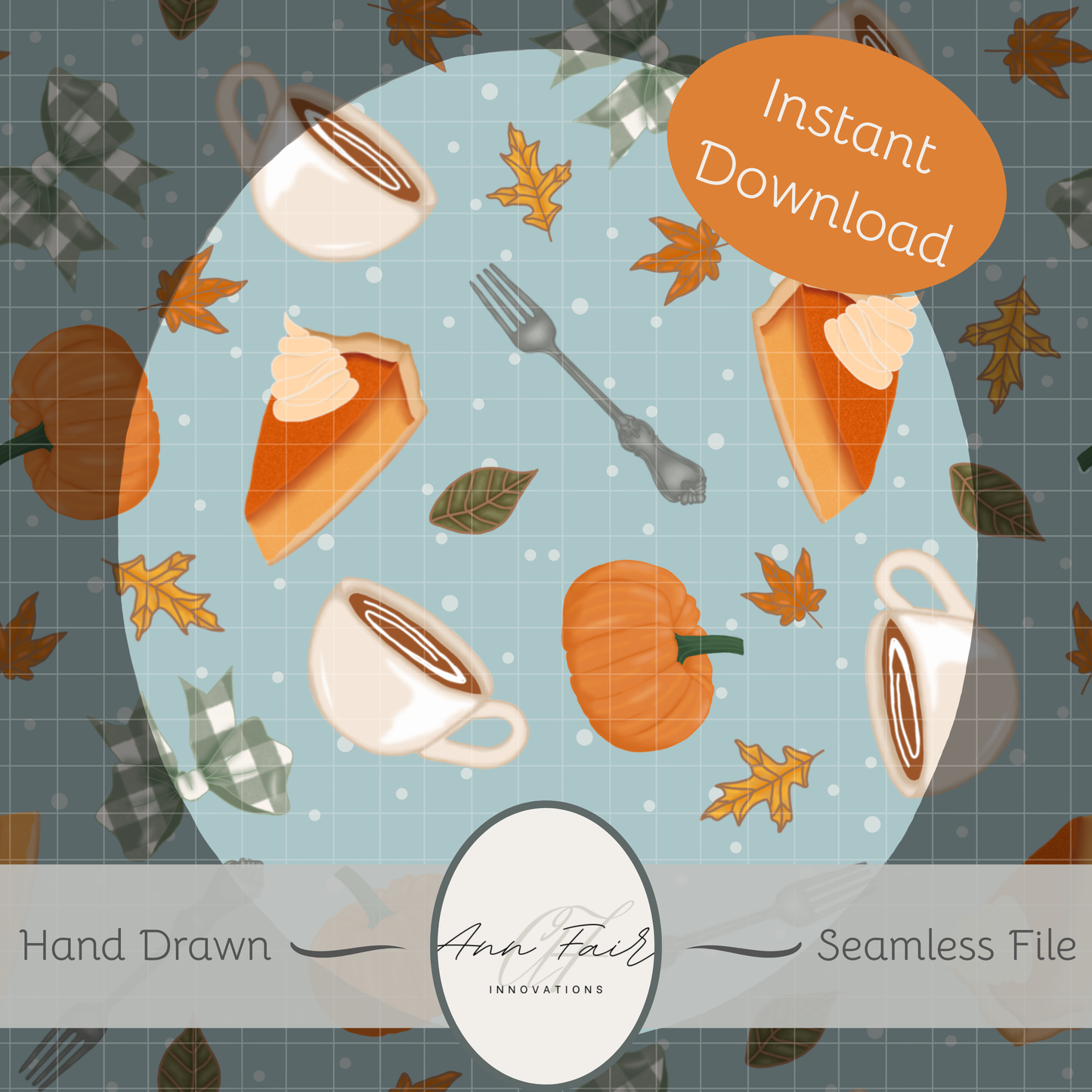 Pumpkin Pie and Coffee Seamless Hand Drawn Digital Pattern | 300 DPI PNG | Instant Download