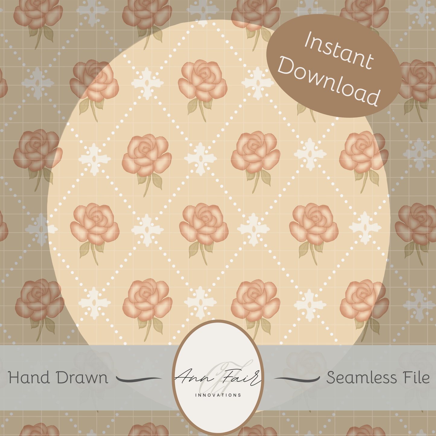Rose Diamond Vintage Coquette Seamless Hand Drawn Digital Pattern | 300 DPI PNG | Instant Download