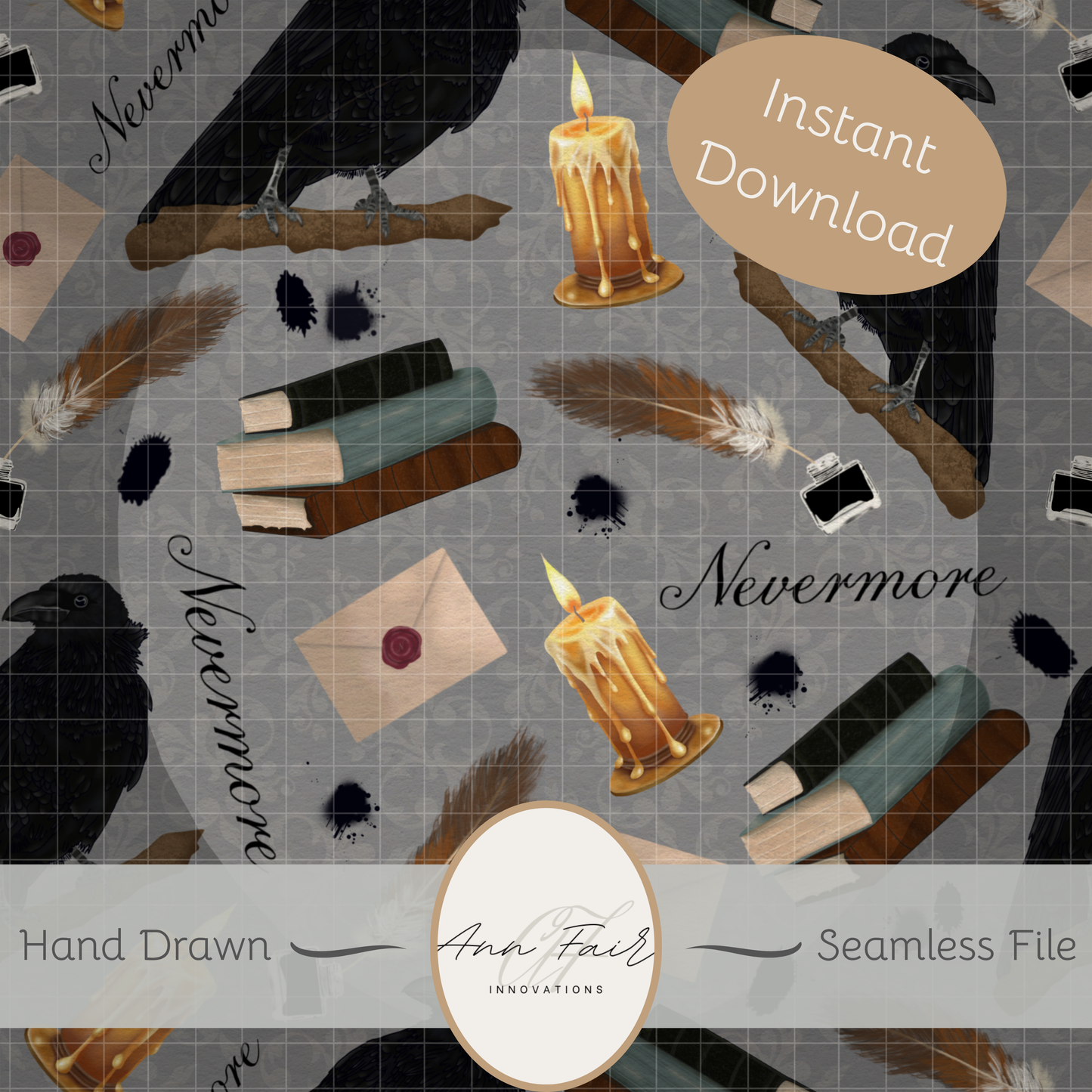 Nevermore Seamless Hand Drawn Digital Pattern | 300 DPI PNG | Instant Download |Edgar Allan Poe | The Raven