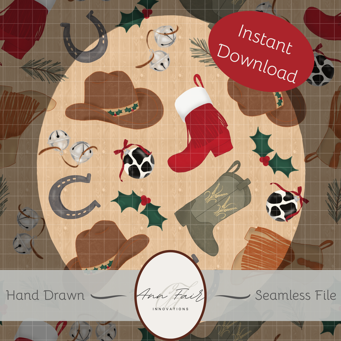 Western Christmas Seamless Hand Drawn Digital Pattern | 300 DPI PNG | Instant Download