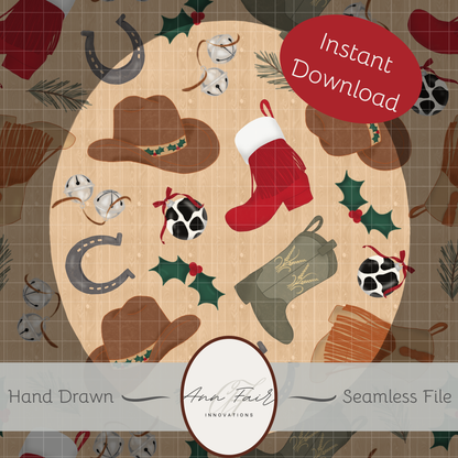 Western Christmas Seamless Hand Drawn Digital Pattern | 300 DPI PNG | Instant Download