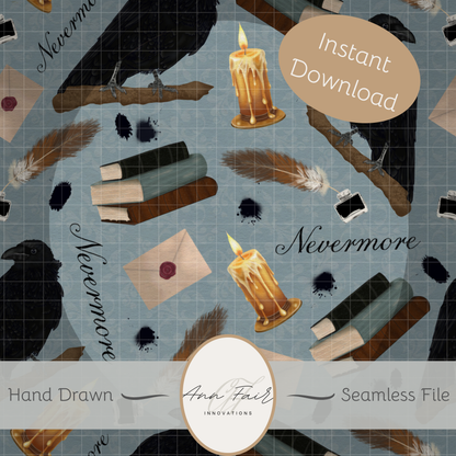 Nevermore Seamless Hand Drawn Digital Pattern | 300 DPI PNG | Instant Download |Edgar Allan Poe | The Raven