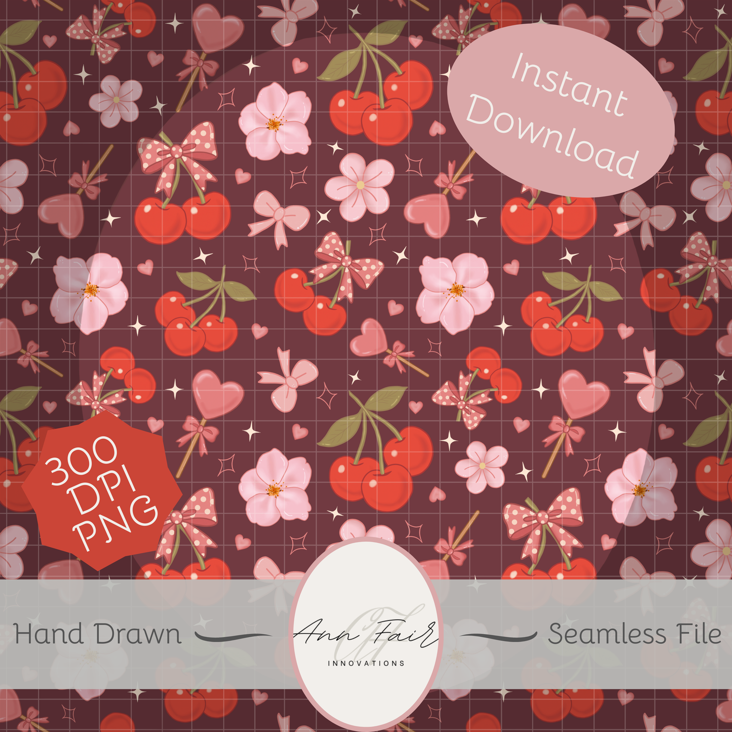 Coquette Cherries Seamless Hand Drawn Digital Pattern | 300 DPI PNG | Instant Download