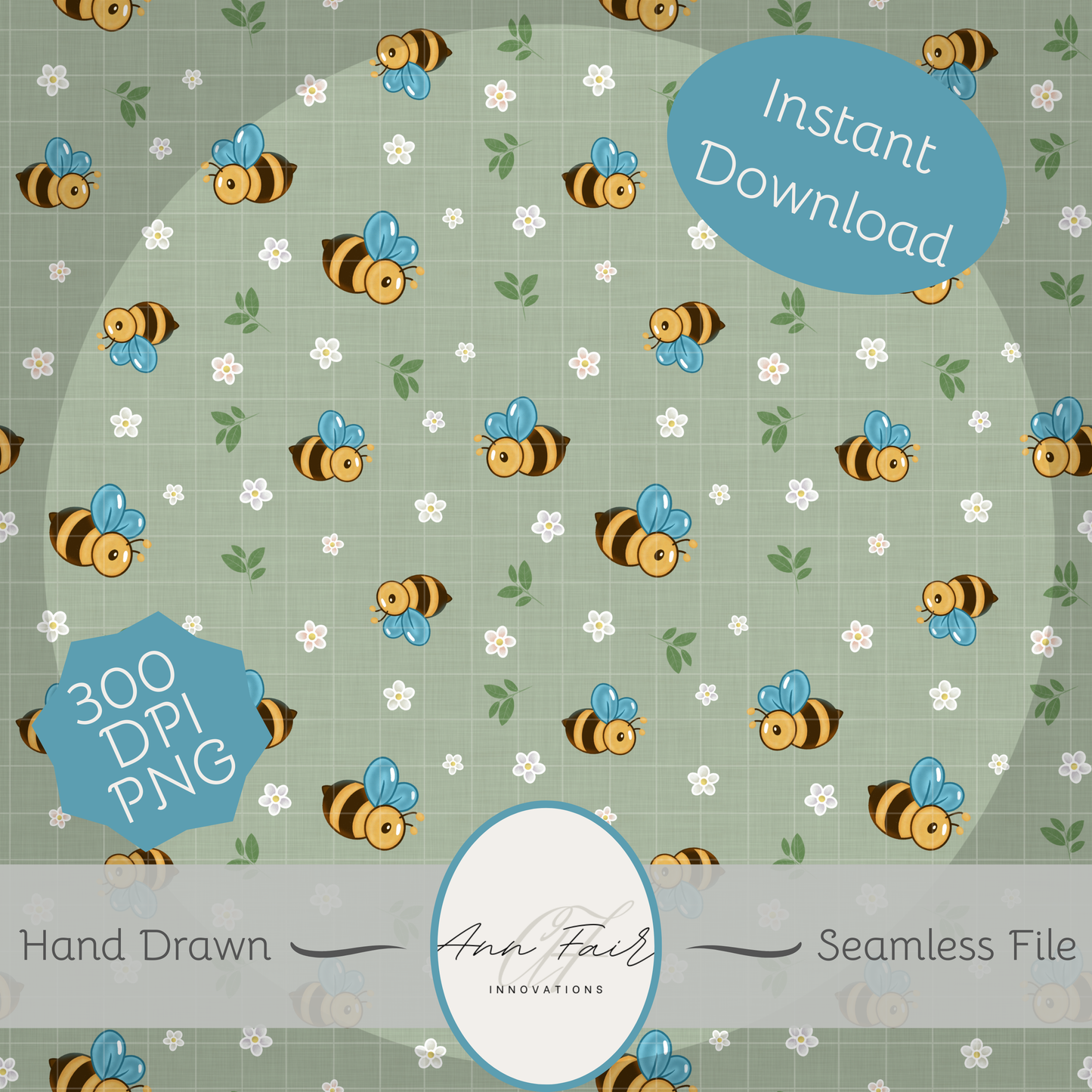 Bees and Daisies Seamless Hand Drawn Digital Pattern | 300 DPI PNG | Instant Download