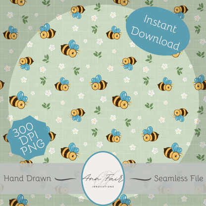 Bees and Daisies Seamless Hand Drawn Digital Pattern | 300 DPI PNG | Instant Download