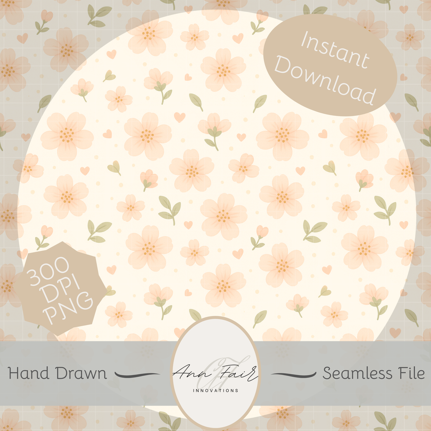 Peach Blossoms Seamless Hand Drawn Digital Pattern | 300 DPI PNG | Instant Download
