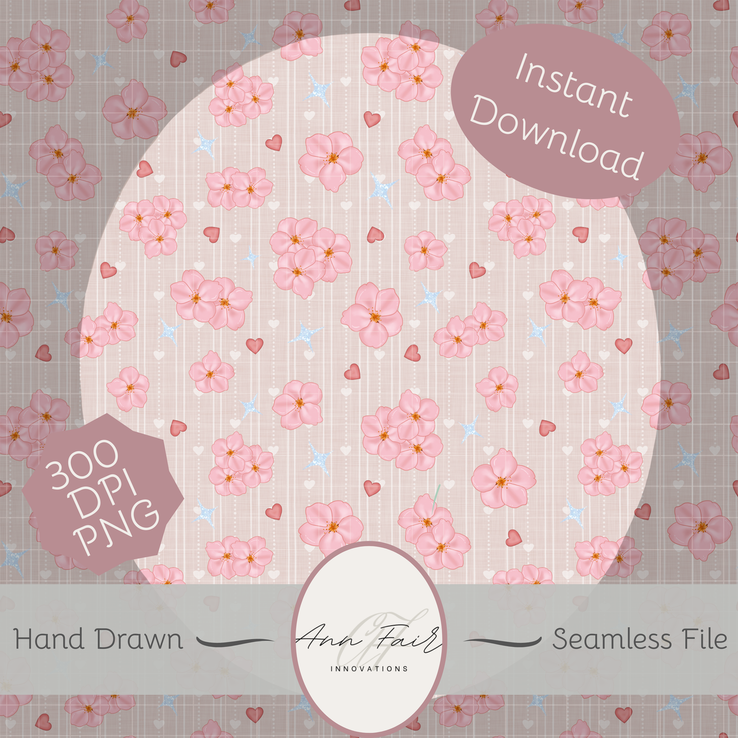 Cherry Blossoms Seamless Hand Drawn Digital Pattern | 300 DPI PNG | Instant Download