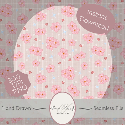 Cherry Blossoms Seamless Hand Drawn Digital Pattern | 300 DPI PNG | Instant Download