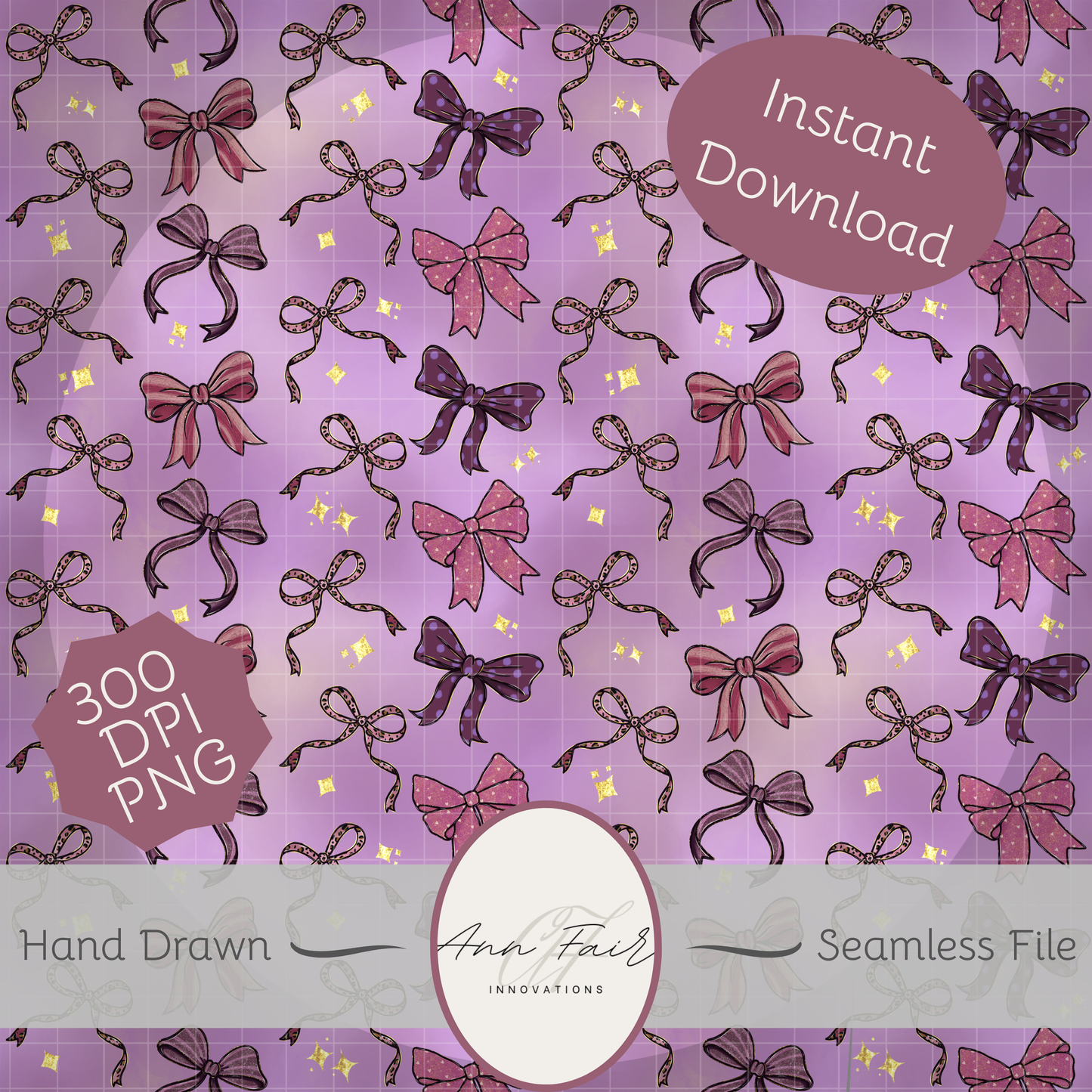 Glitzy Bows Seamless Hand Drawn Digital Pattern | 300 DPI PNG | Instant Download