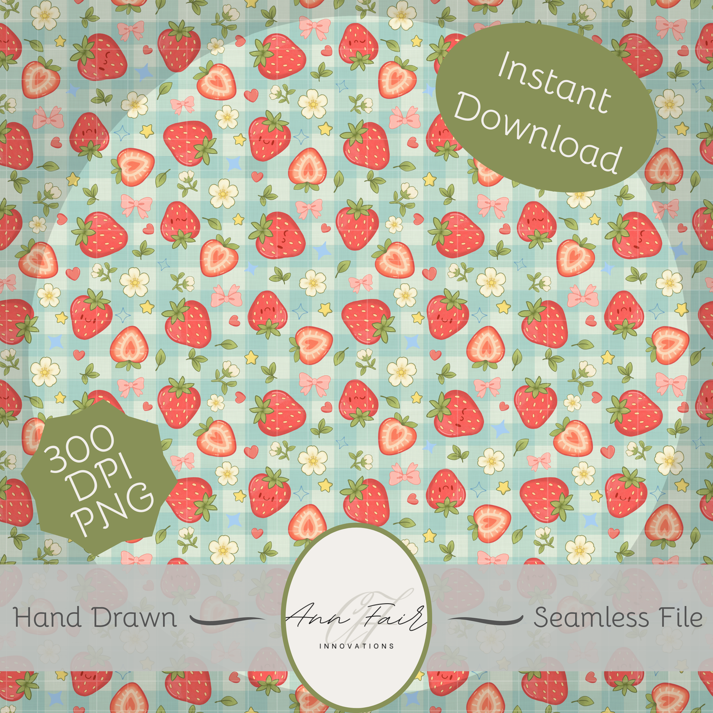 Strawberry Patch Seamless Hand Drawn Digital Pattern | 300 DPI PNG | Instant Download