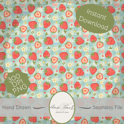 Strawberry Patch Seamless Hand Drawn Digital Pattern | 300 DPI PNG | Instant Download