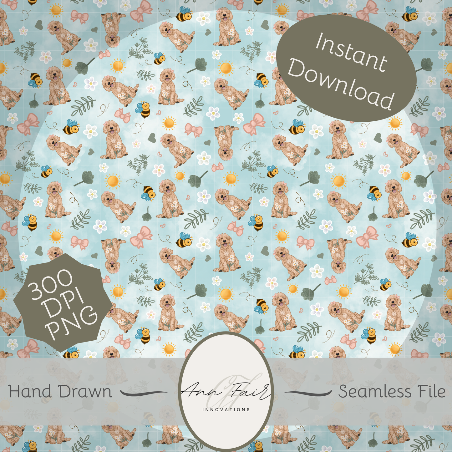 Goldendoodle Spring Seamless Hand Drawn Digital Pattern | 300 DPI PNG | Instant Download