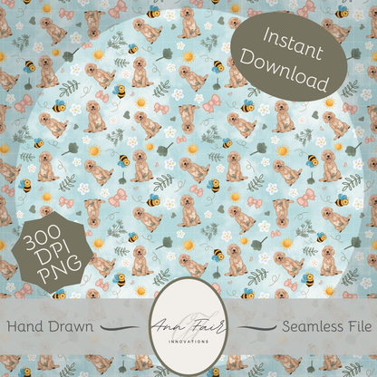 Goldendoodle Spring Seamless Hand Drawn Digital Pattern | 300 DPI PNG | Instant Download