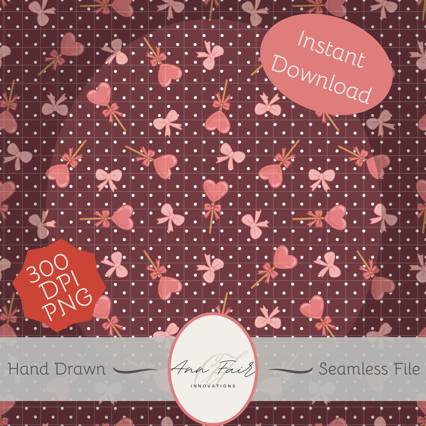 Lollipops and Bows Seamless Hand Drawn Digital Pattern | 300 DPI PNG | Instant Download