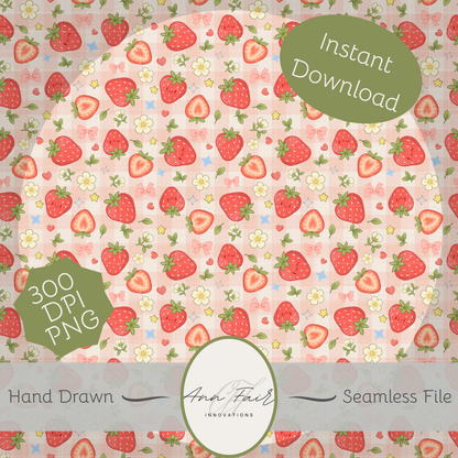 Strawberry Patch Seamless Hand Drawn Digital Pattern | 300 DPI PNG | Instant Download