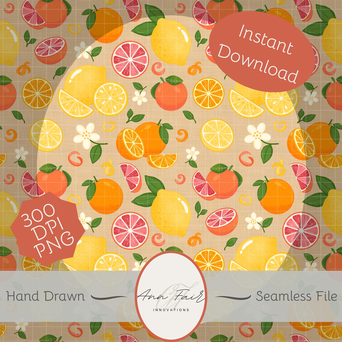 Citrus Toss Seamless Hand Drawn Digital Pattern | 300 DPI PNG | Instant Download