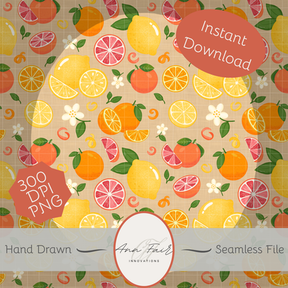 Citrus Toss Seamless Hand Drawn Digital Pattern | 300 DPI PNG | Instant Download
