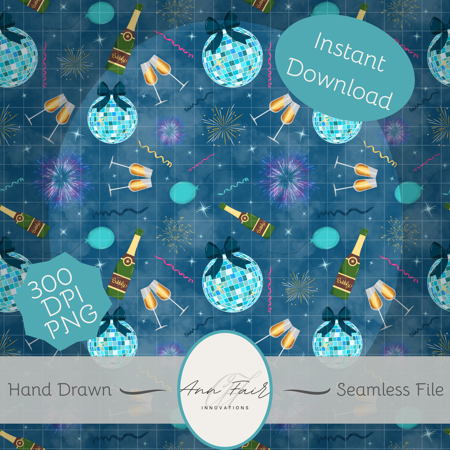 New Year's Eve Party Seamless Hand Drawn Digital Pattern | 300 DPI PNG | Instant Download