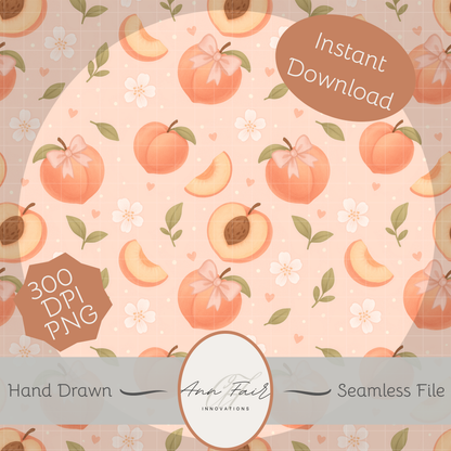Just Peachy Seamless Hand Drawn Digital Pattern | 300 DPI PNG | Instant Download