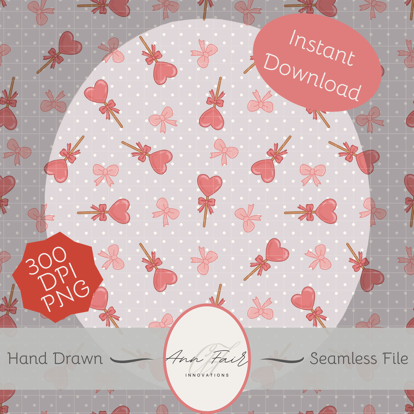 Lollipops and Bows Seamless Hand Drawn Digital Pattern | 300 DPI PNG | Instant Download