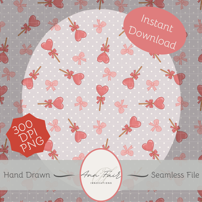 Lollipops and Bows Seamless Hand Drawn Digital Pattern | 300 DPI PNG | Instant Download