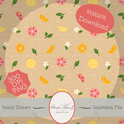 Citrus Mini Seamless Hand Drawn Digital Pattern | 300 DPI PNG | Instant Download