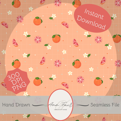 Grapefruits and Blossoms Seamless Hand Drawn Digital Pattern | 300 DPI PNG | Instant Download