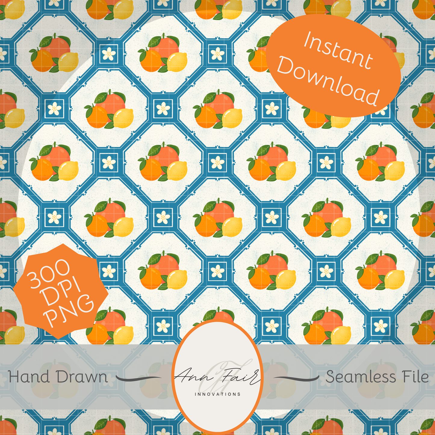 Mediterranean Citrus Seamless Hand Drawn Digital Pattern | 300 DPI PNG | Instant Download