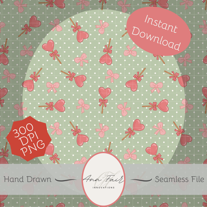 Lollipops and Bows Seamless Hand Drawn Digital Pattern | 300 DPI PNG | Instant Download